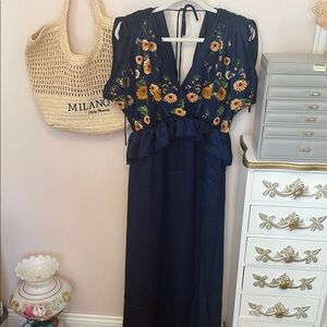 Blue and Gold Embellished Maxi Sundress with Plunge Neckline